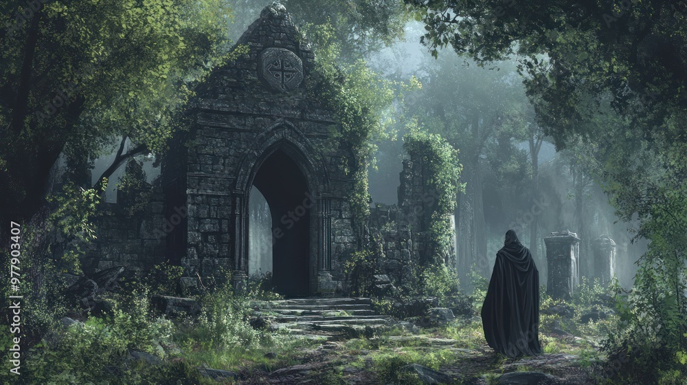 Mysterious Stone Archway in a Foggy Forest Mysterious Stone Archway in a Foggy Forest