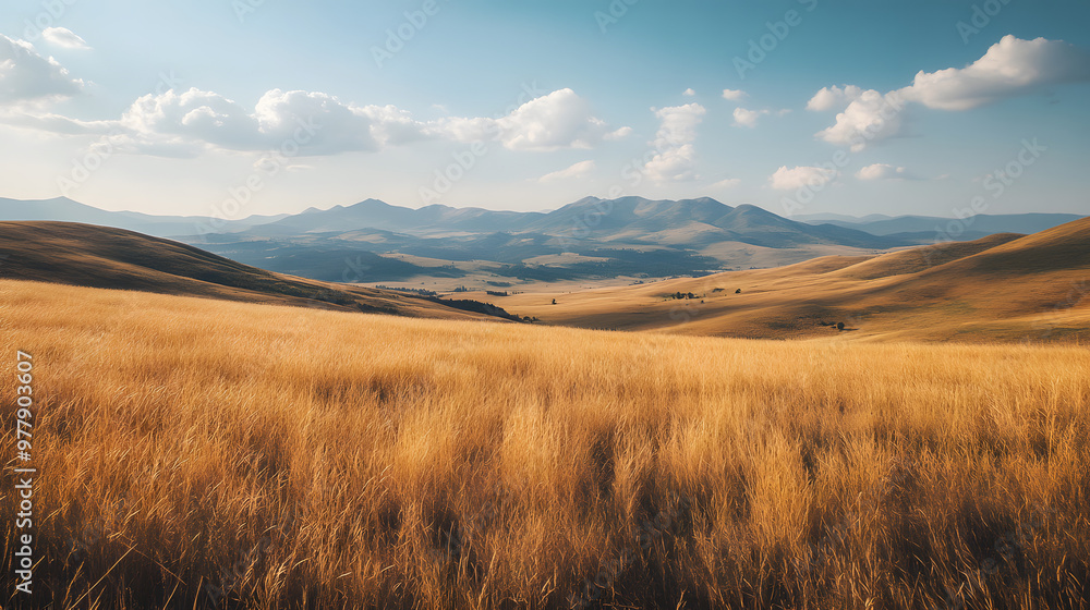 A vast expanse of rolling hills leading up to a distant mountain range with golden grasses swaying in the breeze. A vast expanse of rolling hills leading up to a distant mountain range with golden grasses swaying in the breeze.