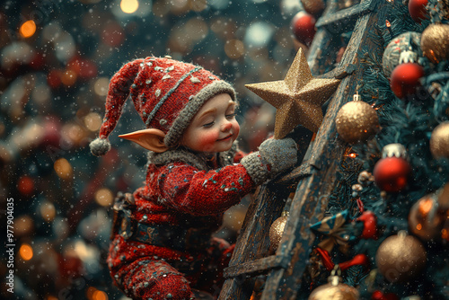 An elf on a ladder, struggling to place a star on top of a ridiculously tall Christmas tree. Concept of holiday decoration challenges. photo