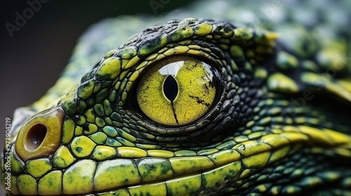 A macro photograph captures the detail of a lizard's eye, with its vibrant green and yellow scales and a dark, hypnotic pupil