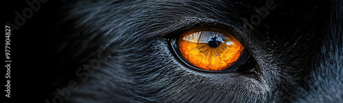 A close-up of a wolf's eye, ablaze with an intense orange glow photo