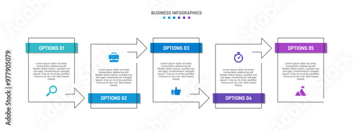 Horizontal progress bar featuring 5 arrow-shaped elements, symbolizing the five stages of business strategy and progression. Clean timeline infographic design template. Vector for presentation