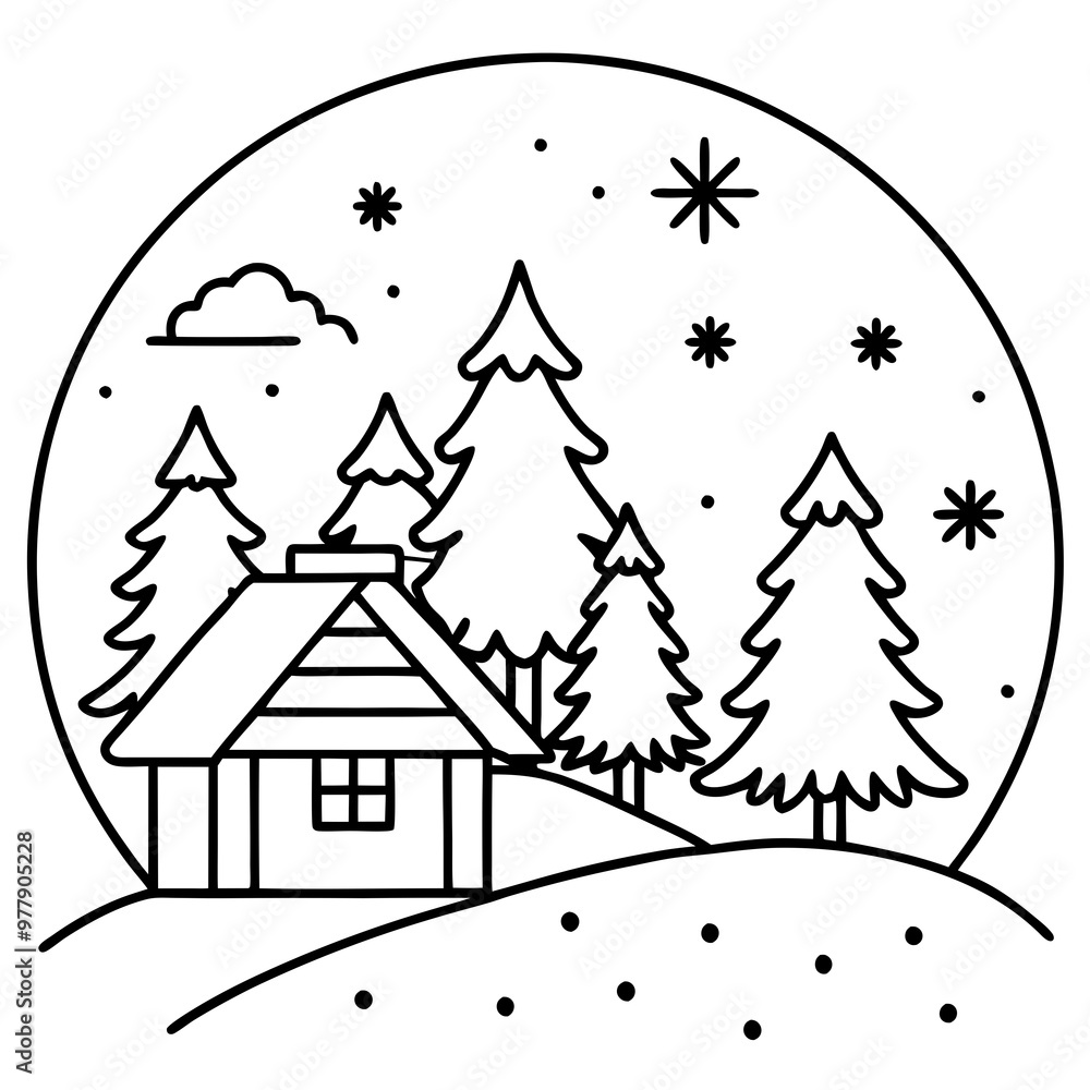 Winter Cabin and Snowy Forest Vector Winter Cabin and Snowy Forest Vector
