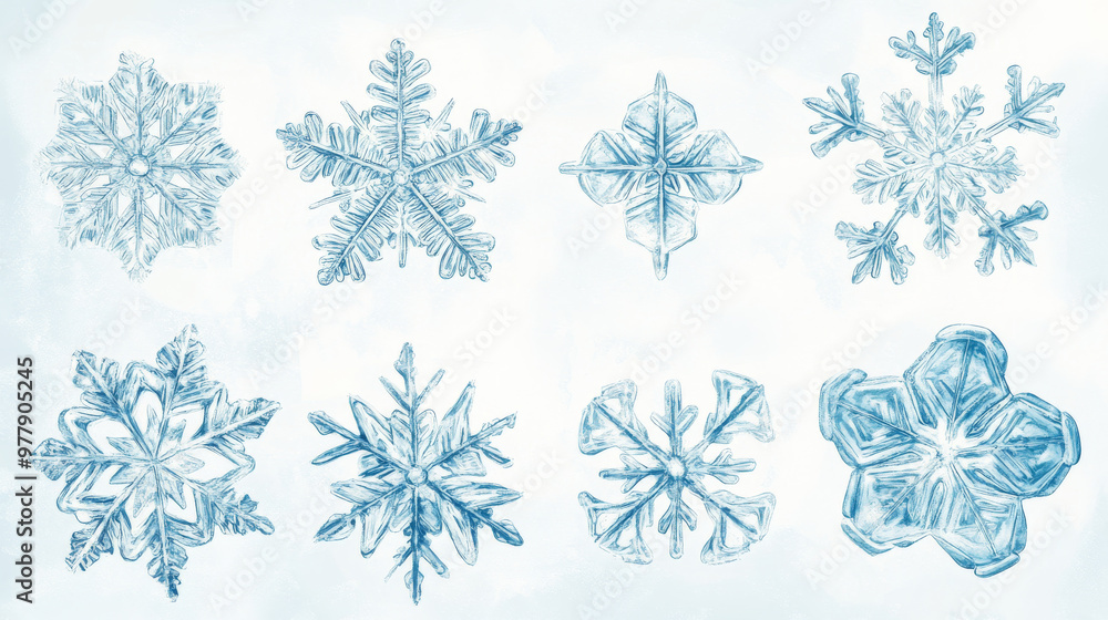 This set of snowflake illustrations includes different snowflake designs for winter themes. They're perfect for adding a wintery touch to your projects.
