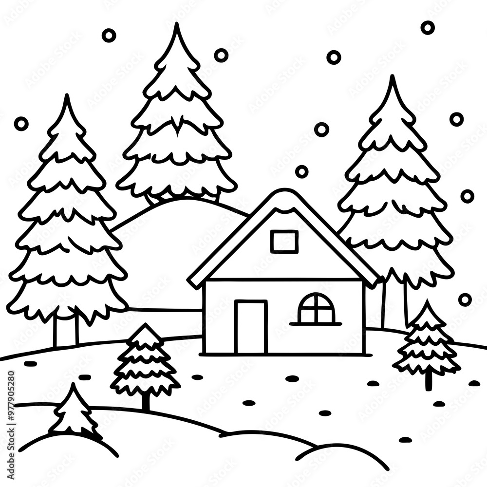 Winter Cabin and Snowy Forest Vector Winter Cabin and Snowy Forest Vector