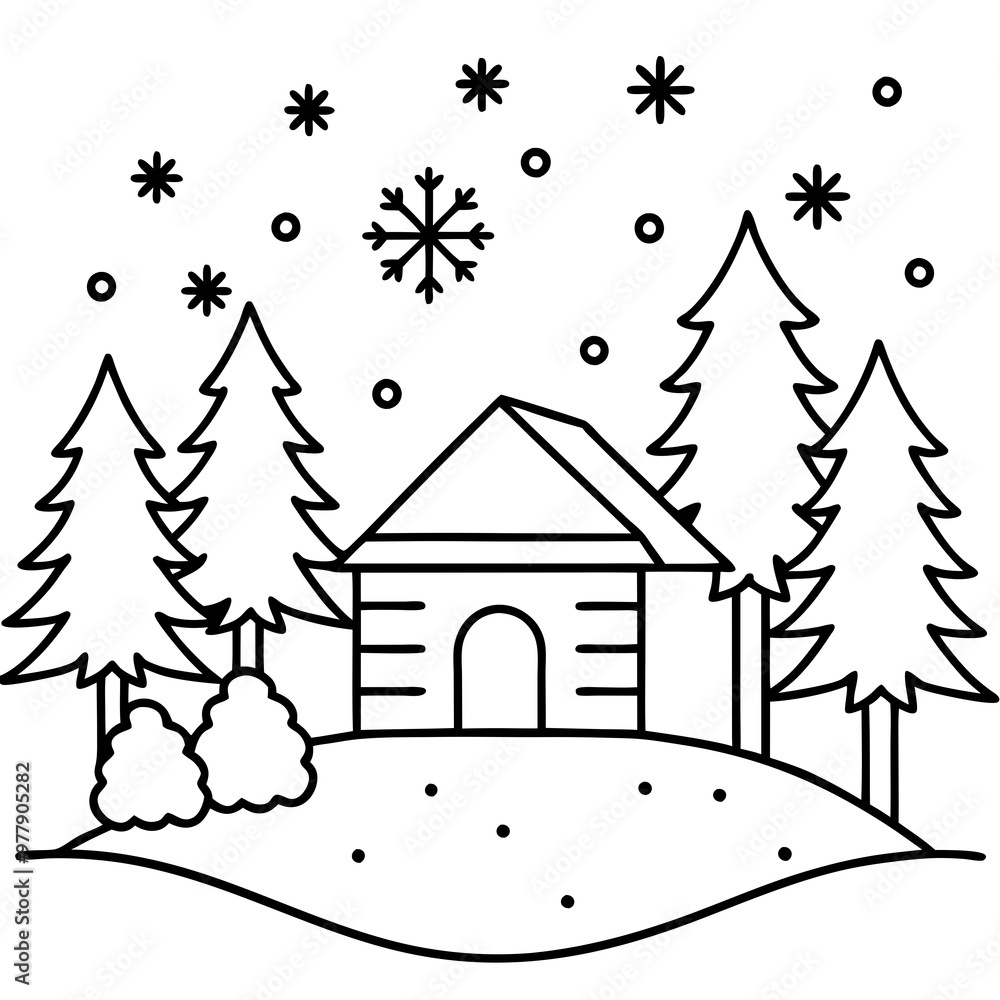 Winter Cabin and Snowy Forest Vector Winter Cabin and Snowy Forest Vector