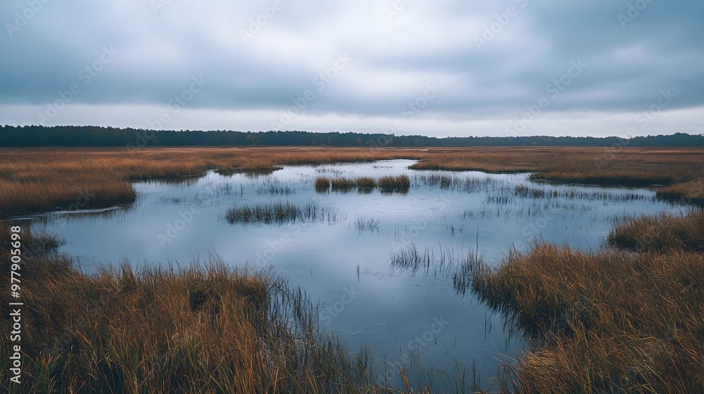 A vast wetland with pools of water and scattered patches of tall grass under an overcast sky. A vast wetland with pools of water and scattered patches of tall grass under an overcast sky.