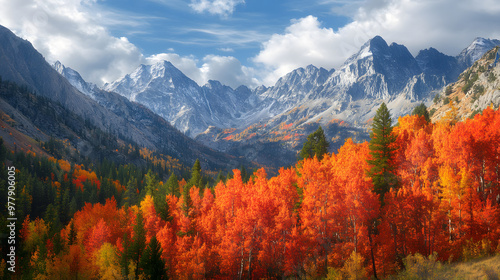 A vibrant autumn forest at the base of a towering mountain range with the bright reds and oranges of the trees contrasting against the rugged peaks.