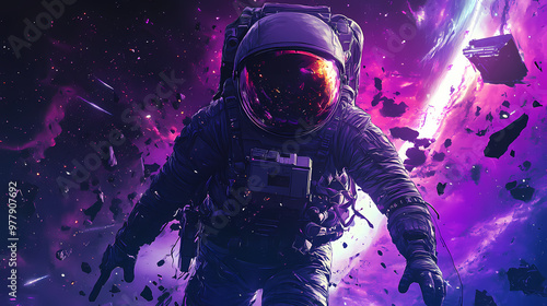 Fototapeta Naklejka Na Ścianę i Meble -  Illustration of an astronaut in space battlefield, idea for sci-fi and space punk background wallpaper generative ai. Space Battle. Illustration