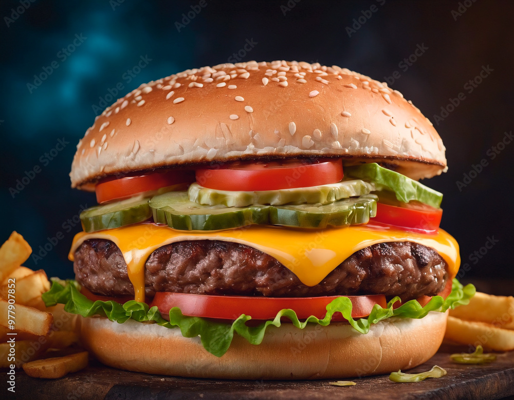 Appetizing hamburger with vegetables and meat and on black background Appetizing hamburger with vegetables and meat and on black background
