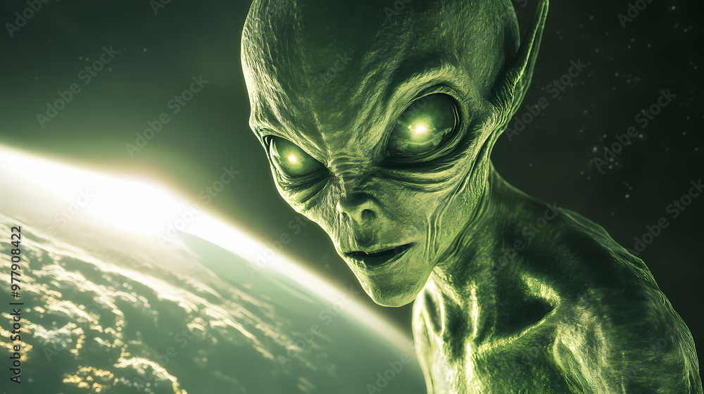 Extraterrestrial green alien from outer space invading earth. Extraterrestrial Invasion. Illustration Extraterrestrial green alien from outer space invading earth. Extraterrestrial Invasion. Illustration