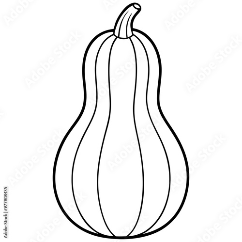 A pumpkin is shown in a black and white drawing. The pumpkin is shown as a simple, geometric shape, with no shading or detail
