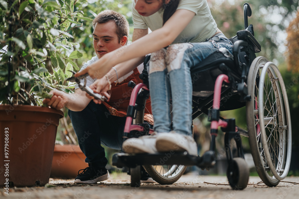 Obraz premium A man with Down syndrome and a woman in a wheelchair are joyfully gardening together, highlighting teamwork and inclusion in nature.