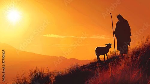 Jesus Christ as a shepherd caring for a single missing lamb in silhouette