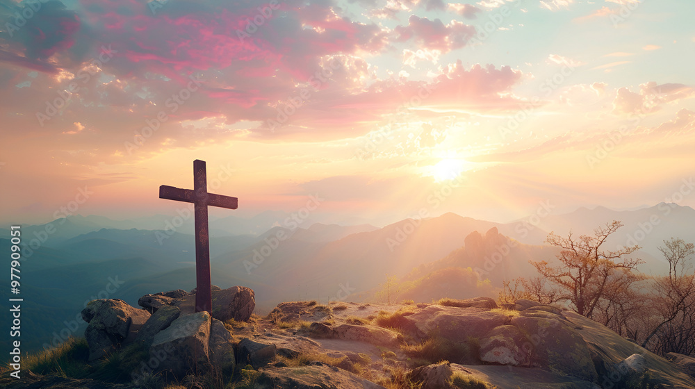 Silhouettes of crucifixion crosses with a sunset on a mountain Silhouettes of crucifixion crosses with a sunset on a mountain