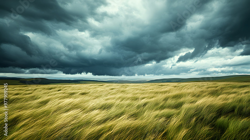 A windy grassland with dark clouds overhead a storm brewing on the horizon.