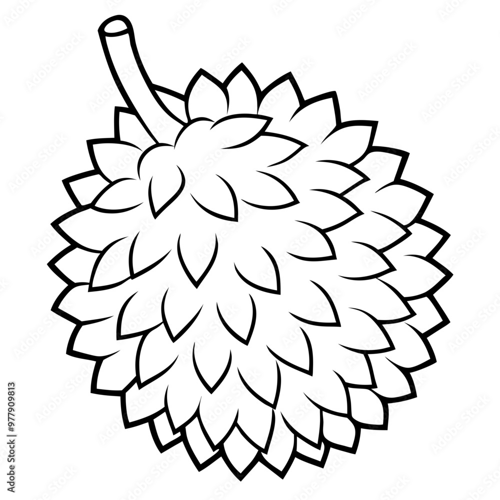 A drawing of a durian fruit with a stem. The drawing is in black and white A drawing of a durian fruit with a stem. The drawing is in black and white
