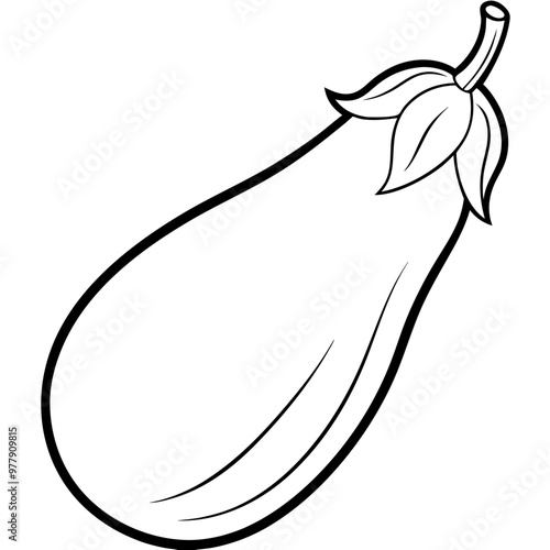An eggplant is shown in a black and white drawing. The vegetable is an eggplant, and it is shown with a stem and leaf. The drawing is simple and clean, with no other elements or distractions