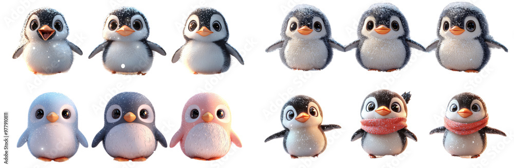 Fototapeta premium Cute animated penguins in various poses, showcasing their playful and cheerful expressions. These adorable characters are perfect for winter themed projects or childrens content. 