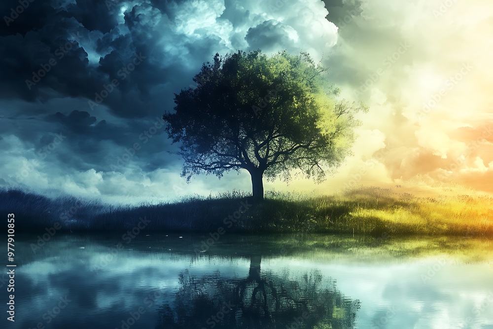 Single tree on a hill with dramatic sky, reflection in lake, nature, fantasy, art Single tree on a hill with dramatic sky, reflection in lake, nature, fantasy, art