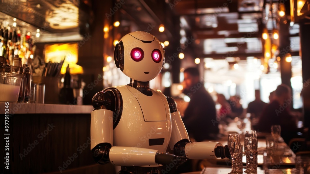 A White Robot with Pink Eyes Stands at a Bar Counter A White Robot with Pink Eyes Stands at a Bar Counter