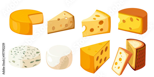 Various types of cheese displayed on a white background isolated on transparent background