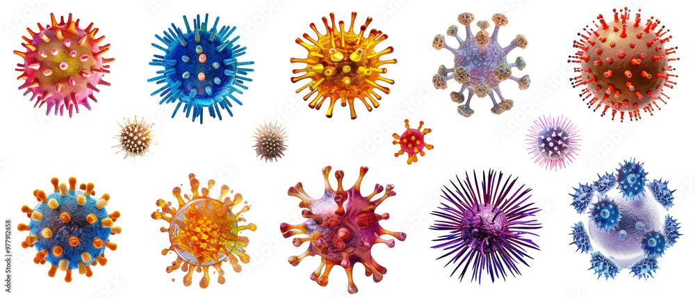 Colorful representations of various viruses in scientific illustration isolated on transparent background Colorful representations of various viruses in scientific illustration isolated on transparent background