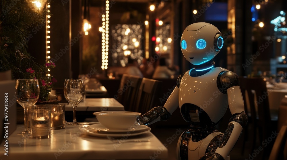 A Robot Serving a Meal in a Dimly Lit Restaurant A Robot Serving a Meal in a Dimly Lit Restaurant