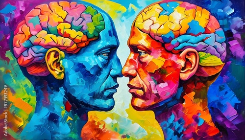 Vibrant depiction of two brains in conversation, illustrating the interplay of ideas and emotions. photo