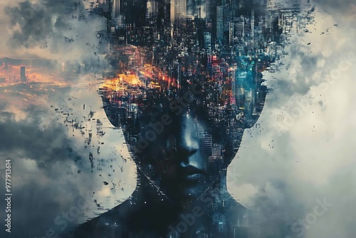 Abstract surreal portrait of a person with a city inside their head. Concept of thoughts, mind, and mental health