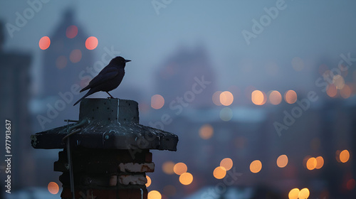 A blackbird perched atop a chimney, framed by a city skyline at dusk medium telephoto lens, slightly low-angle shot photo