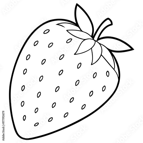 A strawberry is shown in black and white. The image is simple and clean, with no other elements in the background. The focus is on the strawberry, which is the main subject of the image