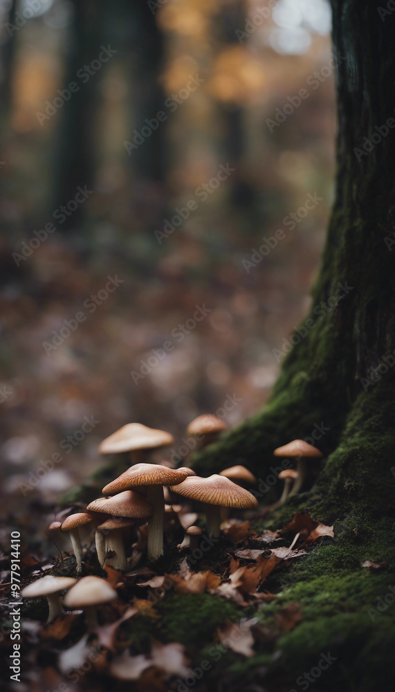 A cluster of brown mushrooms at the base of a tree surrounded by fallen leaves in an autumn forest.
A cluster of brown mushrooms at the base of a tree surrounded by fallen leaves in an autumn forest.