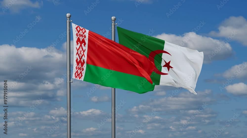 Algeria and Belarus flags flying together, video concept of the relationship, two country relations concept Algeria and Belarus flags flying together, video concept of the relationship, two country relations concept
