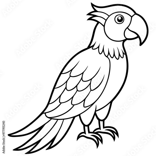 Parrot with a vibrant, expressive pose and detailed feathers line art vector