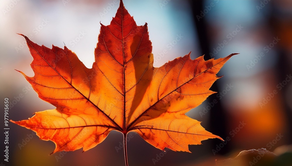 Isolated maple leaf with depth of field highlighting unique shape and vivid autumn hues Isolated maple leaf with depth of field highlighting unique shape and vivid autumn hues