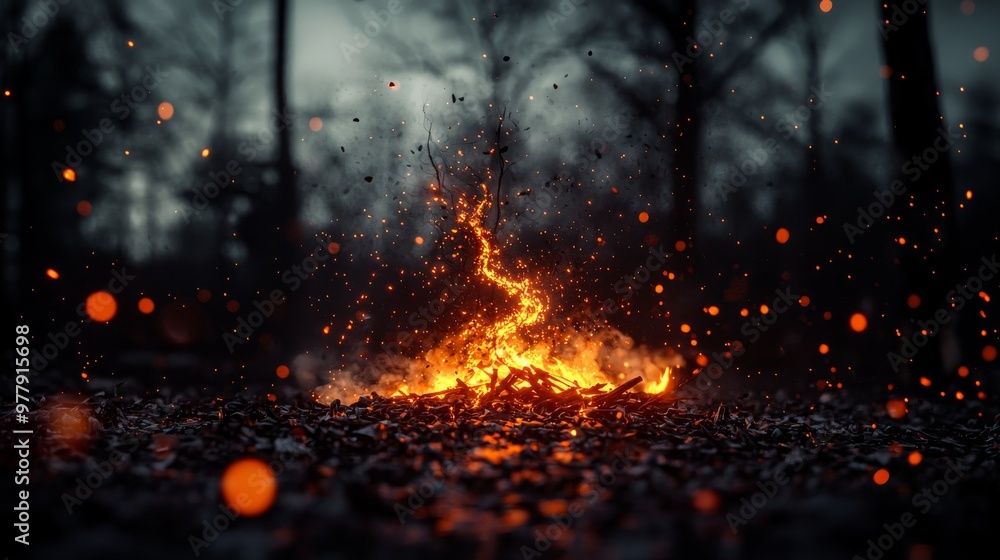 A bonfire burning on a gloomy and macabre day in a dark forest. Surrealistic bonfire with sparks in the air. A bonfire burning on a gloomy and macabre day in a dark forest. Surrealistic bonfire with sparks in the air.
