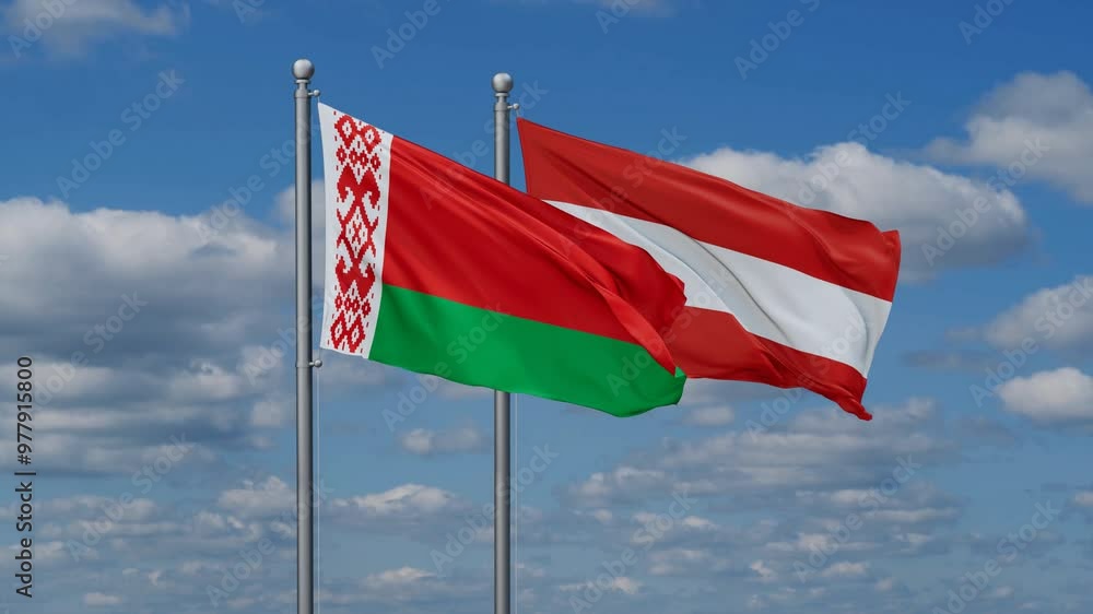 Austria and Belarus flags flying together, video concept of the relationship, two country relations concept Austria and Belarus flags flying together, video concept of the relationship, two country relations concept
