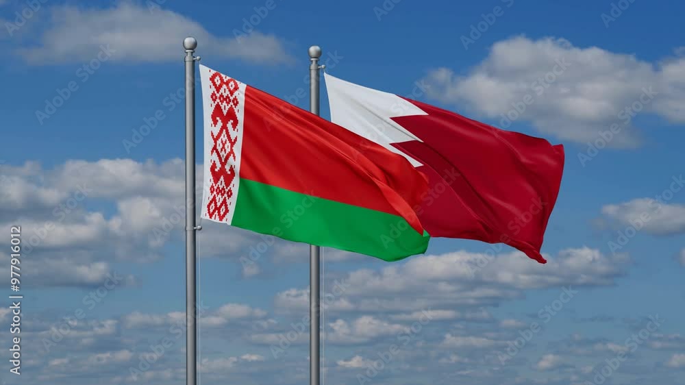 Bahrain and Belarus flags flying together, video concept of the relationship, two country relations concept Bahrain and Belarus flags flying together, video concept of the relationship, two country relations concept