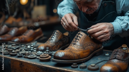 Close-up view of skilled hands repairing classic brown leather brogues in a traditional shoe repair workshop, surrounded by tools and materials. photo