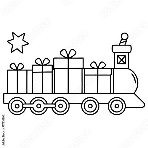 Festive Train with Present-Laden Cars and Steam Engine – Vector Art