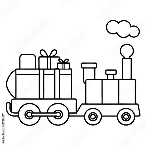 Festive Train with Present-Laden Cars and Steam Engine – Vector Art