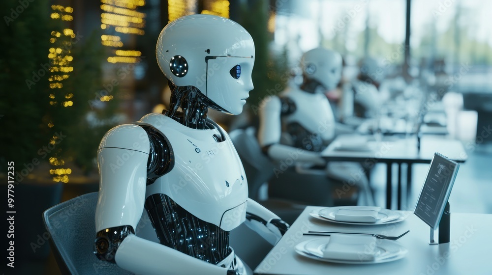 A humanoid robot sits at a restaurant table, waiting for service. A humanoid robot sits at a restaurant table, waiting for service.