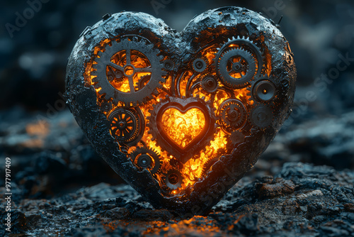 A heart being pumped by gears and cogs instead of veins, symbolizing the mechanization of human emotions. Concept of the dehumanizing effects of modern society. photo