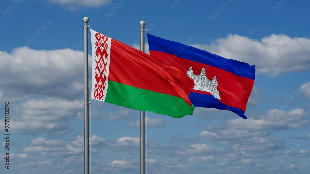 Cambodia and Belarus flags flying together, video concept of the relationship, two country relations concept Cambodia and Belarus flags flying together, video concept of the relationship, two country relations concept