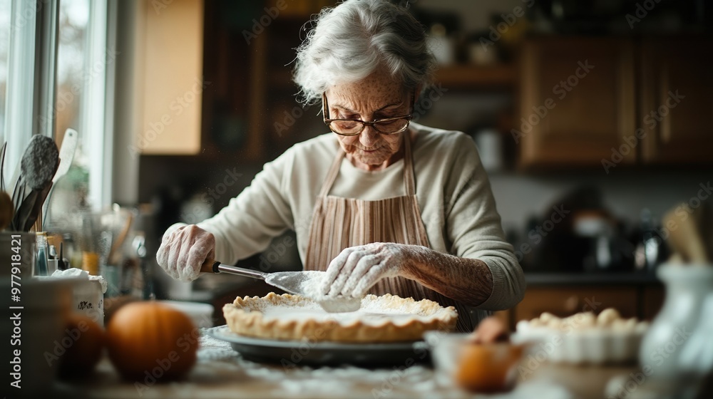 An elderly woman carefully prepares a pumpkin pie in a cozy kitchen, showcasing her baking skills and passion for homemade treats. An elderly woman carefully prepares a pumpkin pie in a cozy kitchen, showcasing her baking skills and passion for homemade treats.