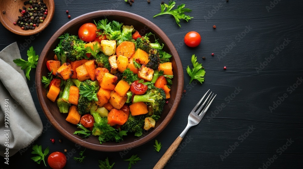 Colorful vegetable salad featuring fresh tomatoes, broccoli, and sweet potatoes, garnished with parsley on a dark background. Colorful vegetable salad featuring fresh tomatoes, broccoli, and sweet potatoes, garnished with parsley on a dark background.