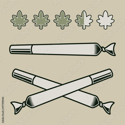 Marijuana rolled joints and levels gradation vector illustration. Set of colored objects or design elements on light background