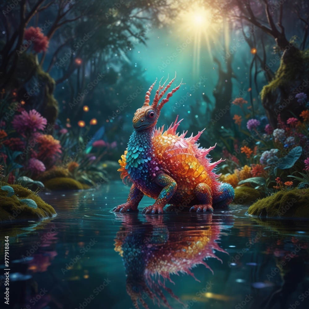 A divine crystal crawler moving with grace through a luminous, enchanted twilight world A divine crystal crawler moving with grace through a luminous, enchanted twilight world