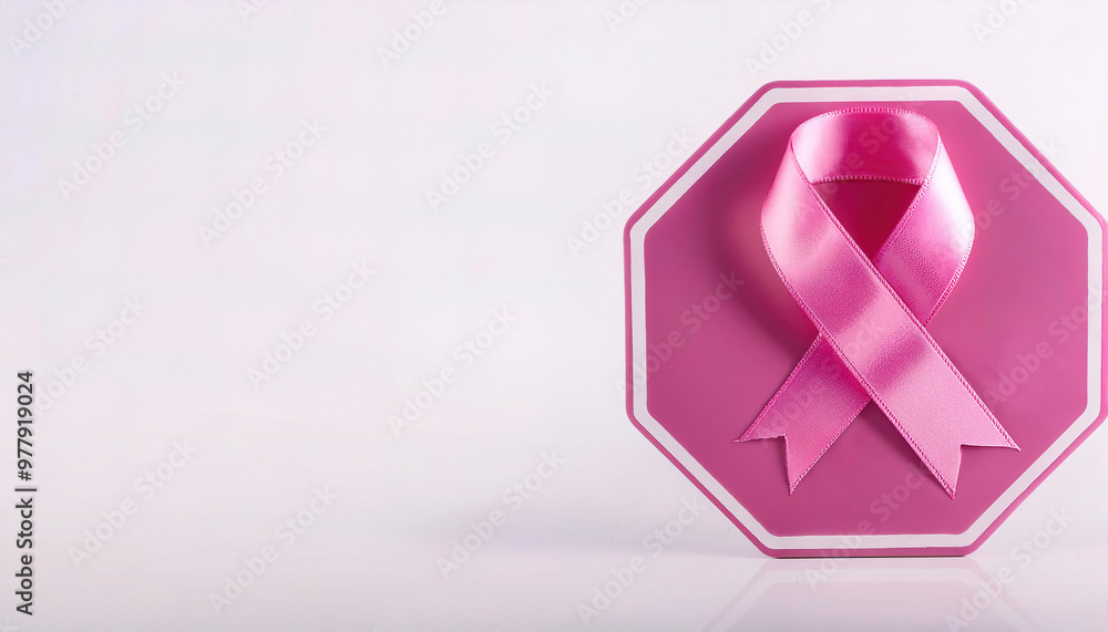 World Cancer Day. pink Stop sign with ribbon campaign, to raise awareness of breast cancer and to encourage its prevention, detection, and treatment. isolated on white background with copy space World Cancer Day. pink Stop sign with ribbon campaign, to raise awareness of breast cancer and to encourage its prevention, detection, and treatment. isolated on white background with copy space